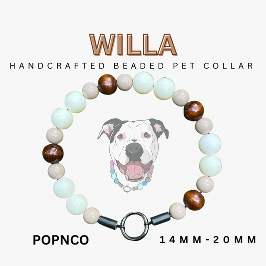 Handcrafted beaded pet collar with a dog illustration on a white background