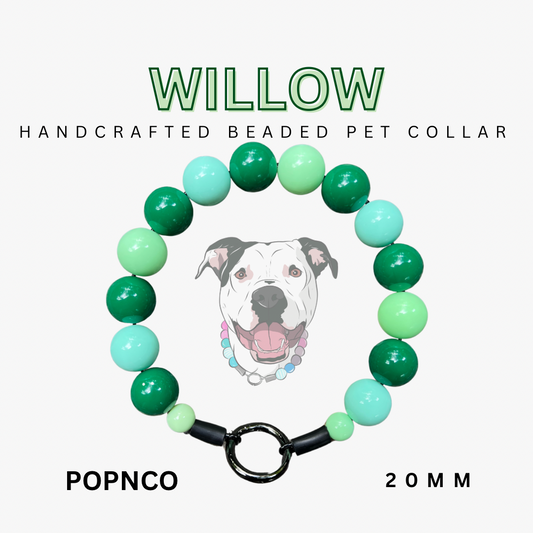 Handcrafted beaded pet collar with green and light blue beads, featuring a dog illustration and brand name 'Popnco'.