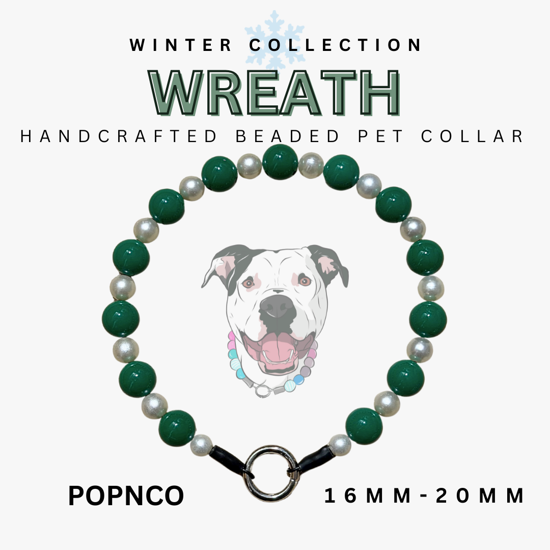 Handcrafted beaded pet collar with green and white beads, featuring a dog illustration on a white background.