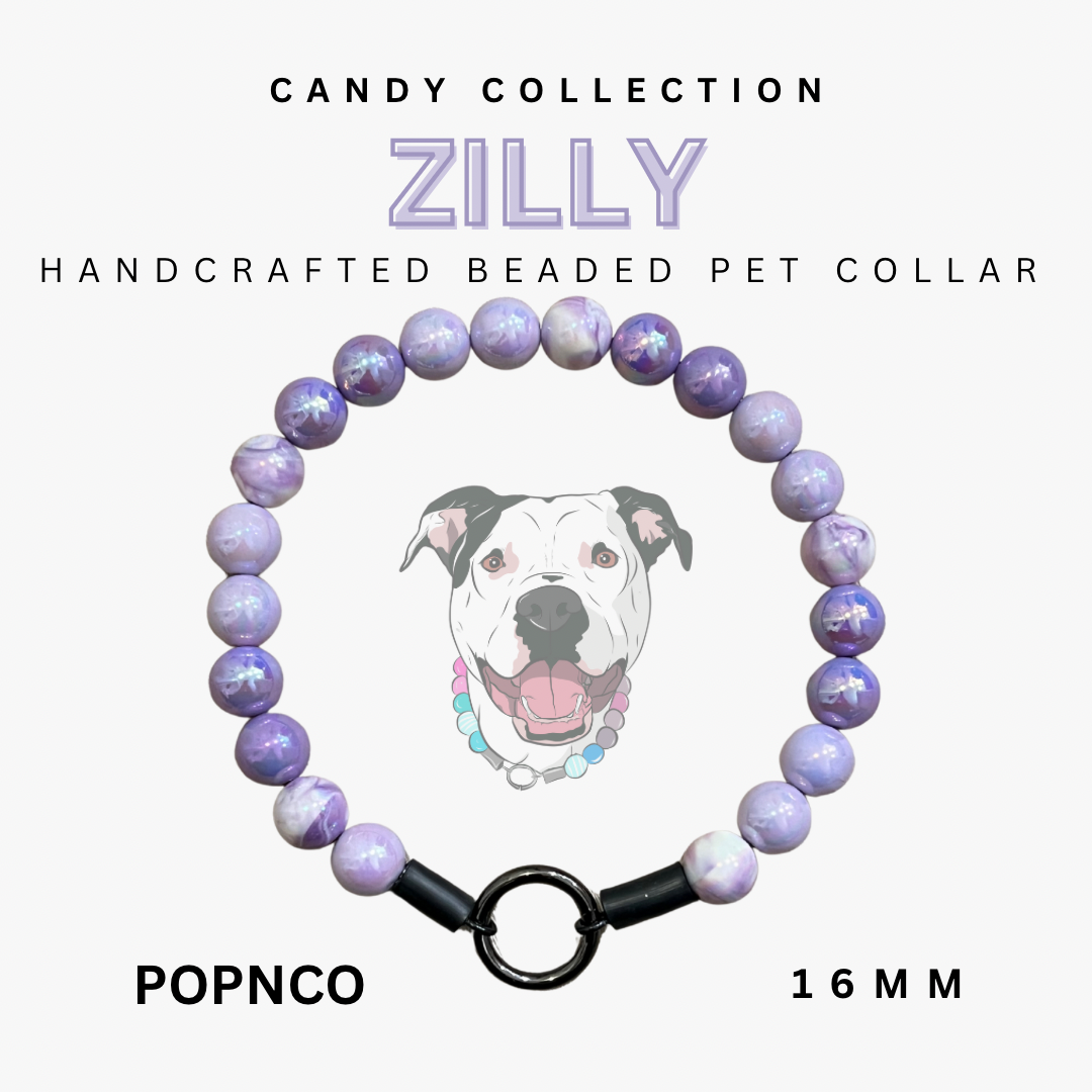 Handcrafted beaded pet collar with a dog illustration on a white background, labeled 'Candy Collection ZILLY'.