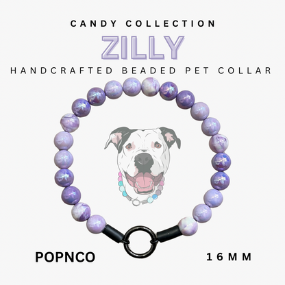 Handcrafted beaded pet collar with a dog illustration on a white background, labeled 'Candy Collection ZILLY'.
