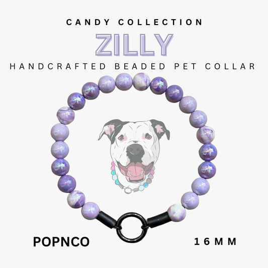 Handcrafted beaded pet collar with a dog illustration on a white background, labeled 'Candy Collection ZILLY'.