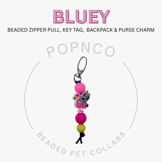 Beaded zipper pull, key tag, backpack & purse charm with 'Bluey' branding on a white background.