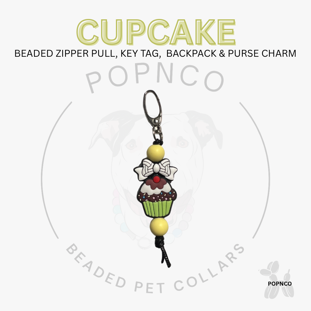 Cupcake-shaped beaded zipper pull, key tag, backpack & purse charm with 'POPNCO' branding on a white background.