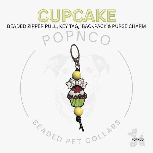 Cupcake-shaped beaded zipper pull, key tag, backpack & purse charm with 'POPNCO' branding on a white background.
