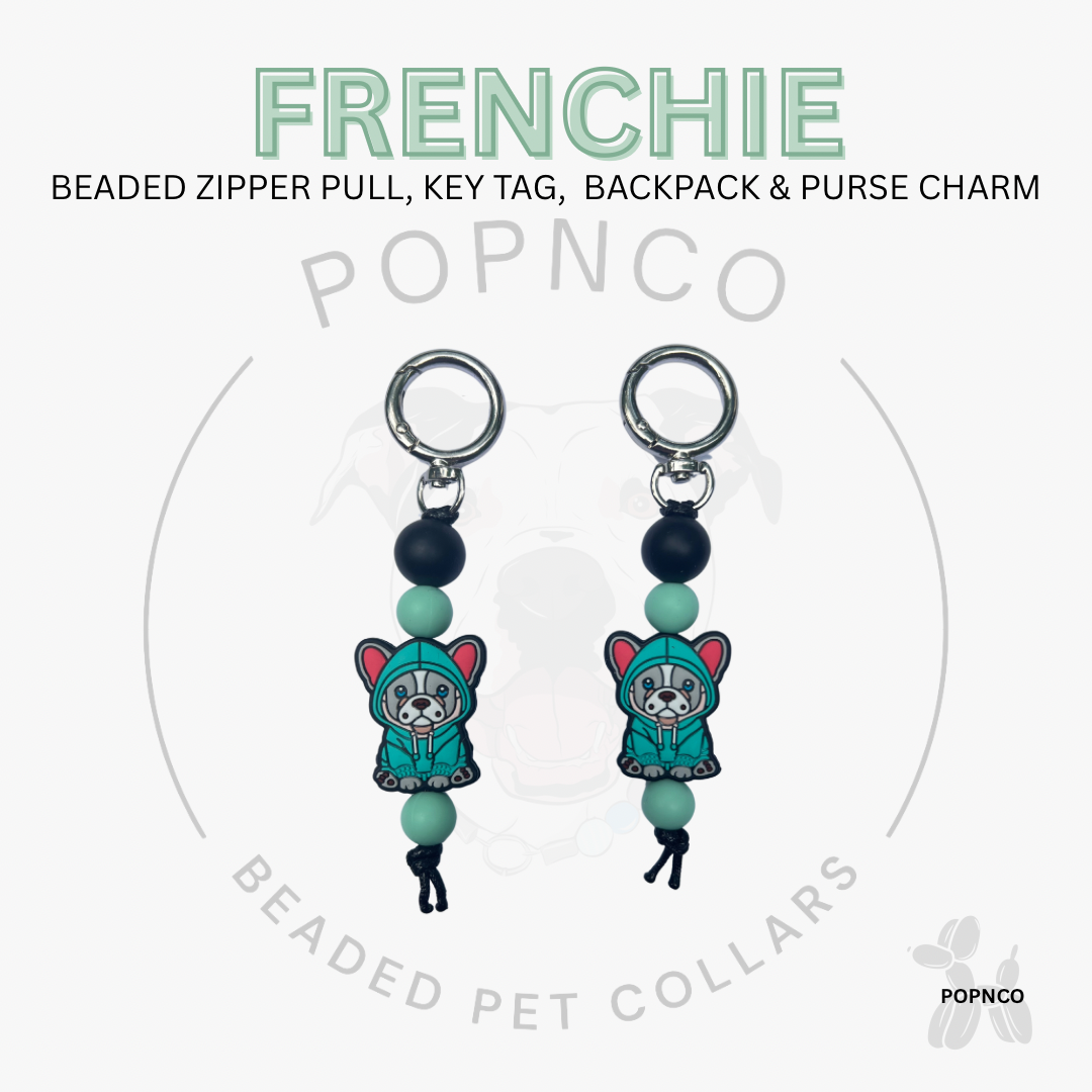Beaded zipper pull, key tag, backpack & purse charm with 'FRENCHIE' branding on a white background.