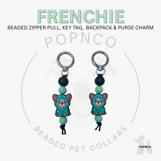 Beaded zipper pull, key tag, backpack & purse charm with 'FRENCHIE' branding on a white background.