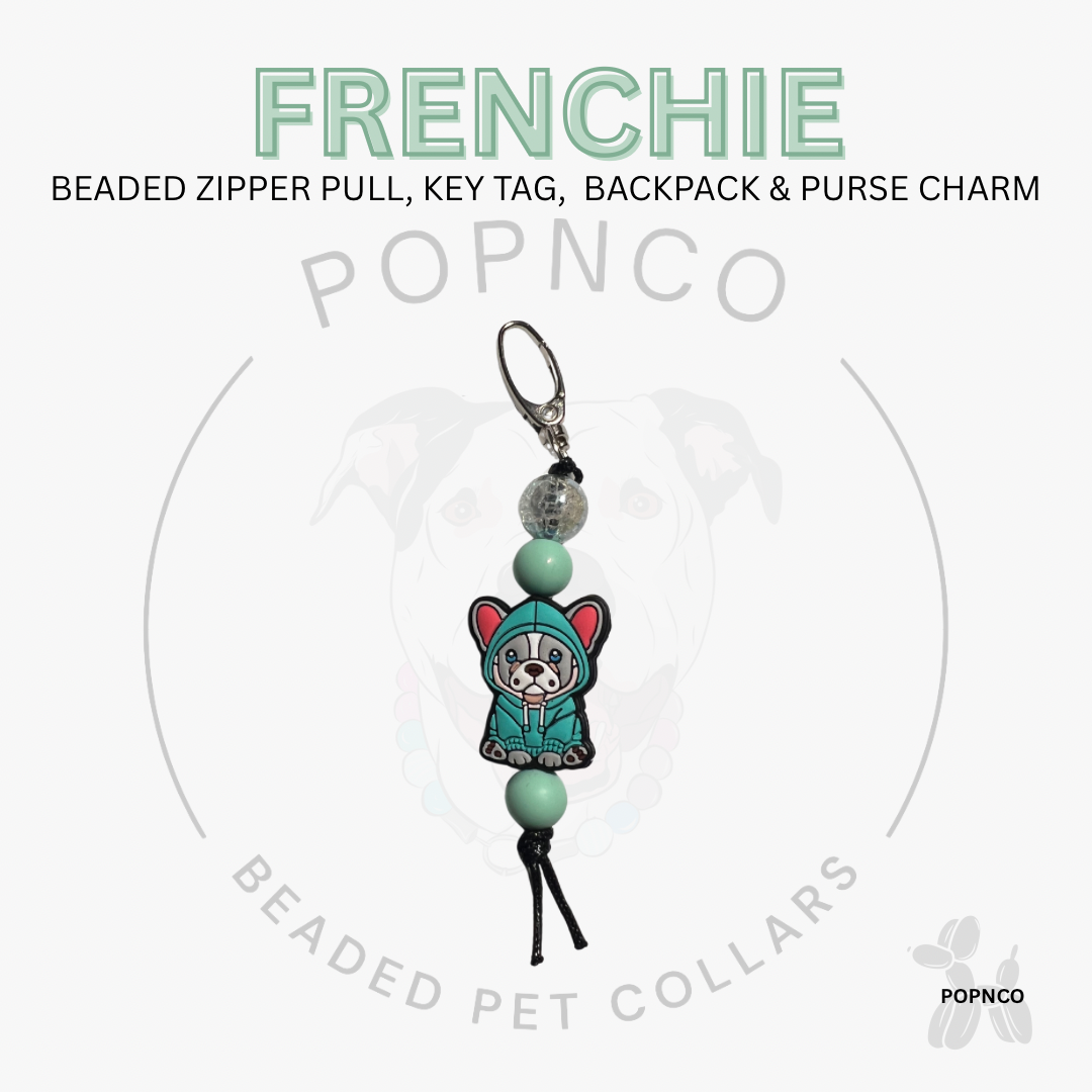Frenchie beaded zipper pull, key tag, backpack & purse charm with POPNCO branding on a white background.