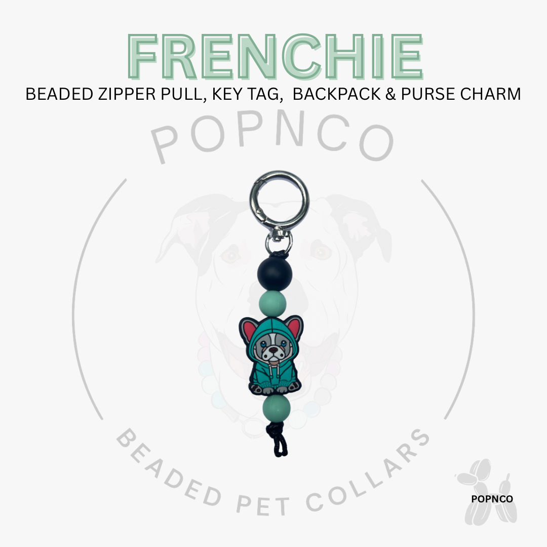 Beaded zipper pull, key tag, backpack & purse charm with 'FRENCHIE' and 'POPNCO' branding on a white background.