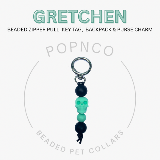 Beaded zipper pull, key tag, backpack & purse charm with 'Gretchen' branding on a white background.