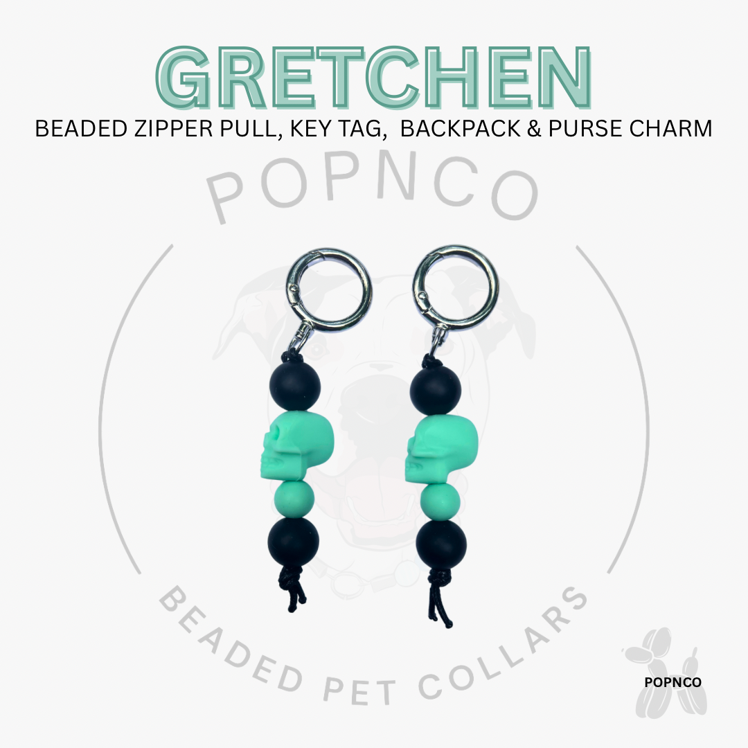 Beaded zipper pull, key tag, backpack & purse charm with 'Gretchen' branding on a white background.