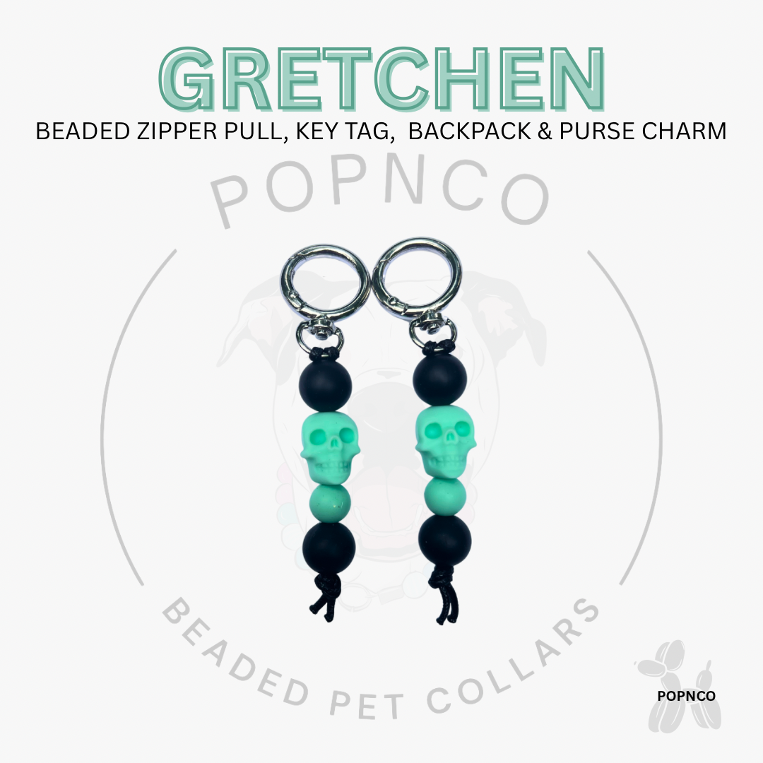 Beaded zipper pull, key tag, backpack & purse charm with 'Gretchen' branding on a white background.