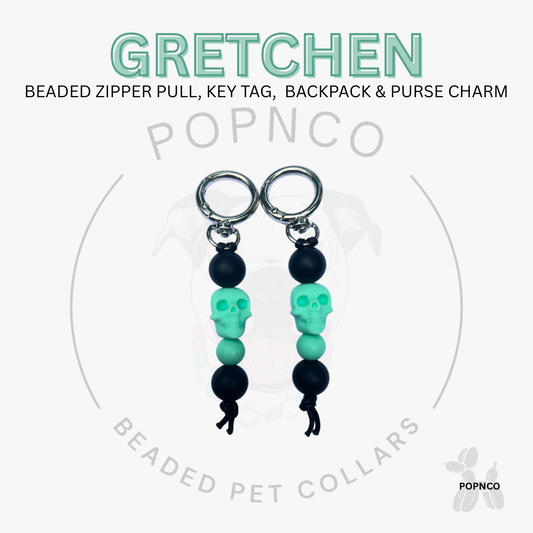 Beaded zipper pull, key tag, backpack & purse charm with 'Gretchen' branding on a white background.