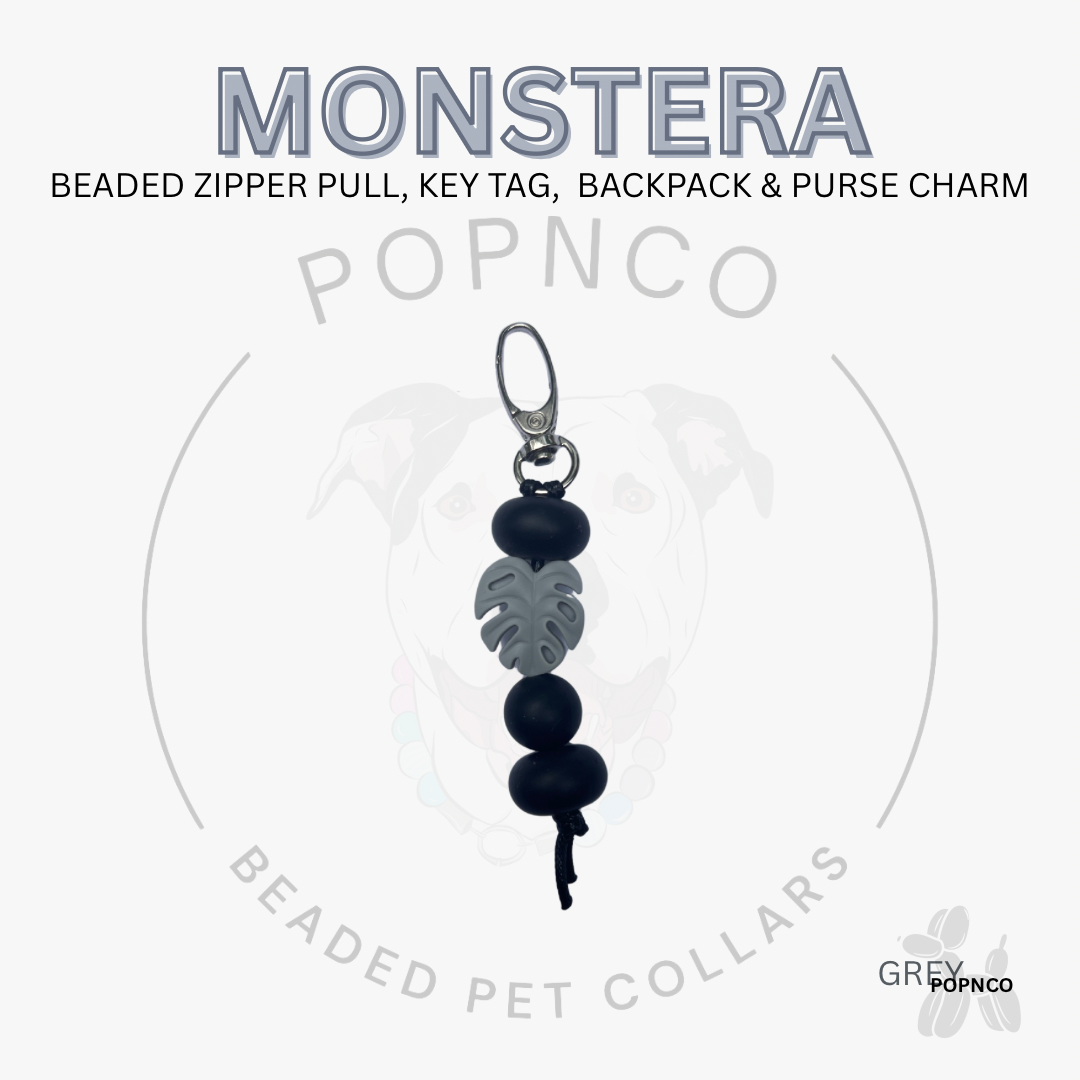 Beaded zipper pull, key tag, backpack & purse charm with 'Popnco' branding on a white background