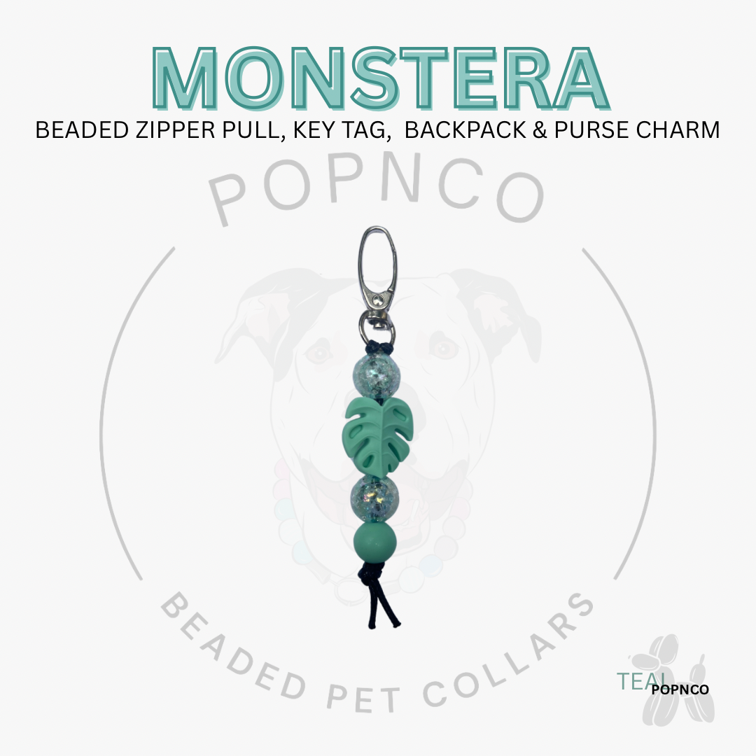 Monstera beaded zipper pull, key tag, backpack & purse charm with Popnco branding on a white background.