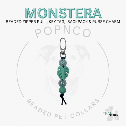 Monstera beaded zipper pull, key tag, backpack & purse charm with Popnco branding on a white background.