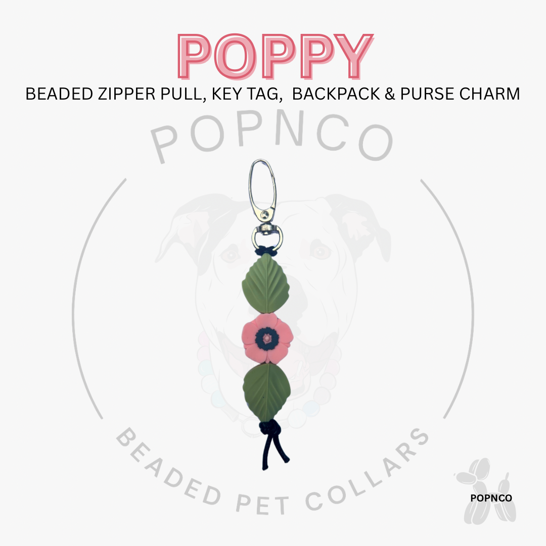 Beaded zipper pull, key tag, backpack & purse charm with 'Poppy' text on a white background