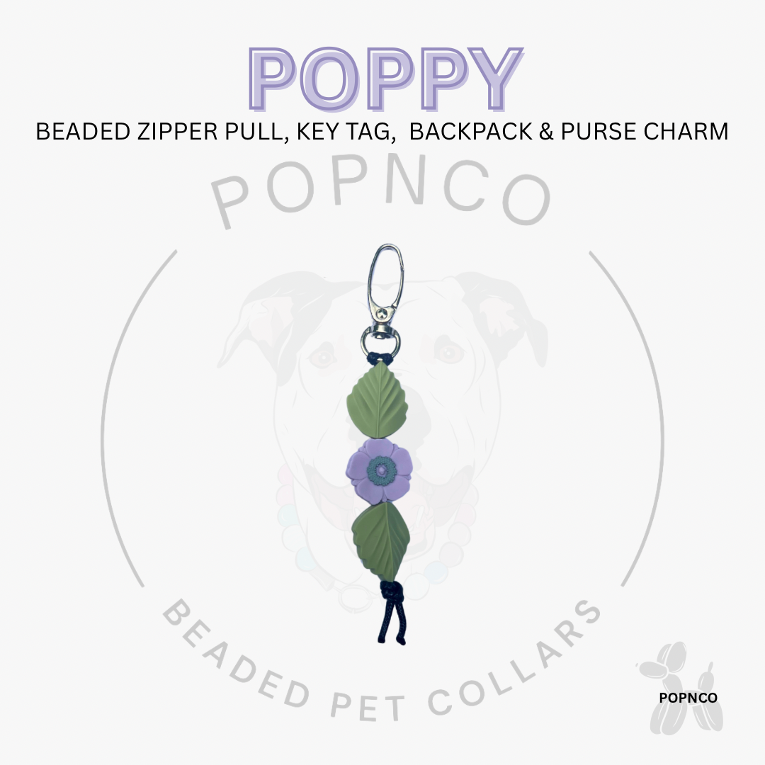 Beaded zipper pull, key tag, backpack & purse charm with 'Poppy' text on a white background