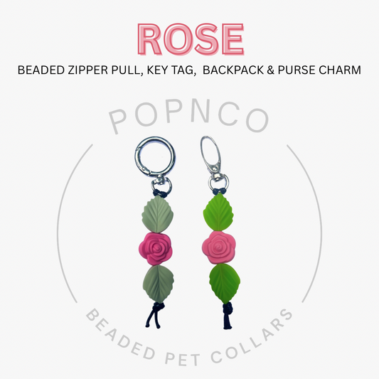 Rose-themed beaded zipper pull, key tag, backpack & purse charm with 'Popnco' branding on a white background.