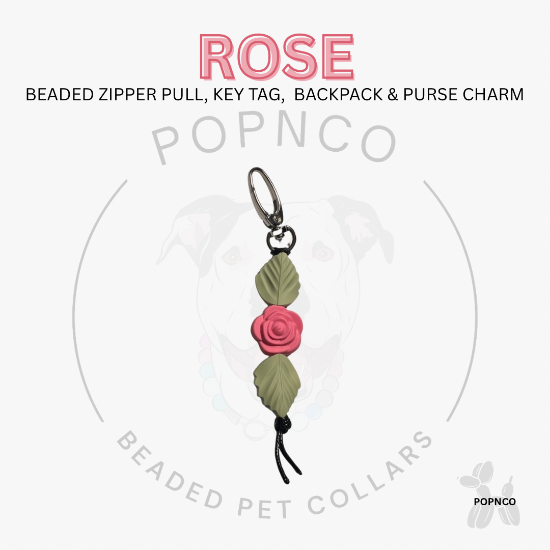 Rose-shaped beaded zipper pull, key tag, backpack & purse charm with 'Popnco' branding on a white background.