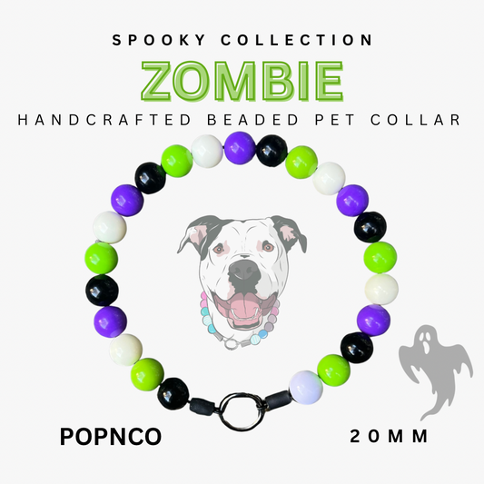Handcrafted beaded pet collar with colorful beads and a ghost illustration on a white background.
