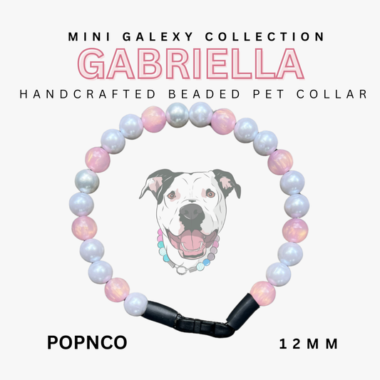 Handcrafted beaded pet collar with a dog illustration on a white background, featuring the brand 'POPNCO'.