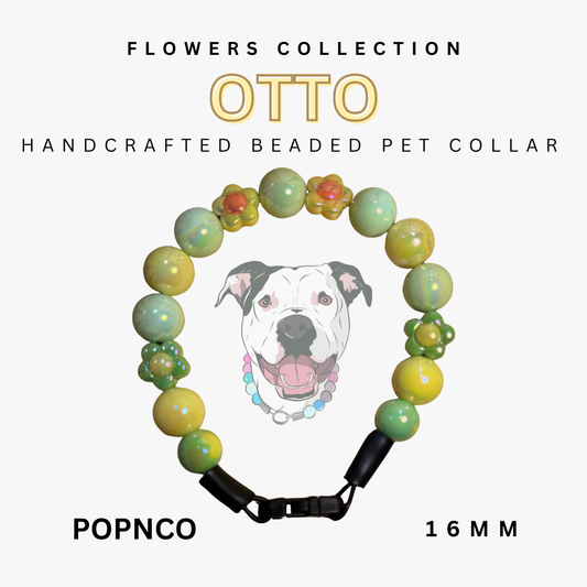 Handcrafted beaded pet collar with a dog illustration, labeled 'Flowers Collection Otto Popnco 16 M M'.