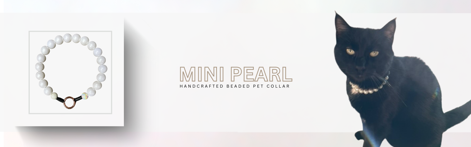Mini pearl beaded pet collar with a black cat wearing it on a white background