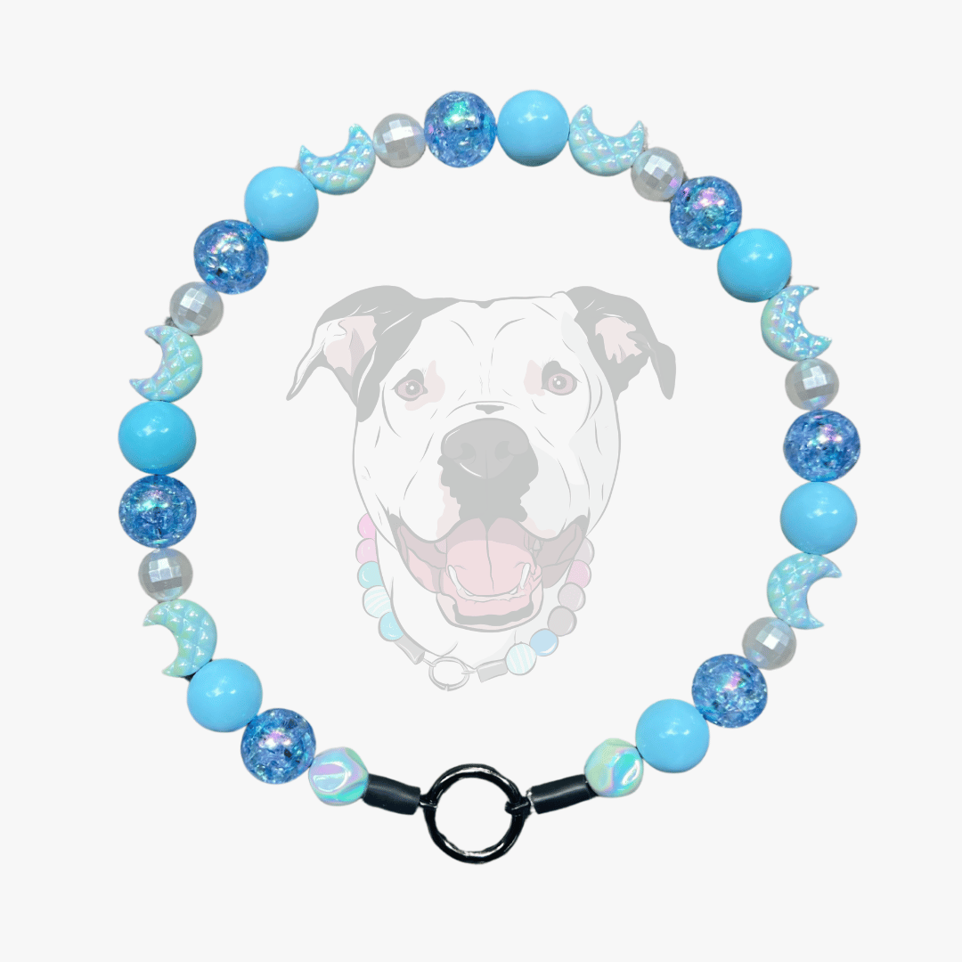 Blue Moon handcrafted beaded dog collar featuring blue pearl and AB iridescent beads by POPNCO made in BC
