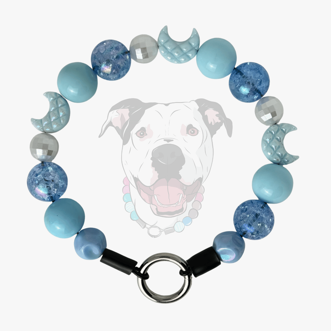 Blue Moon handcrafted beaded dog collar featuring blue pearl and AB iridescent beads by POPNCO made in BC