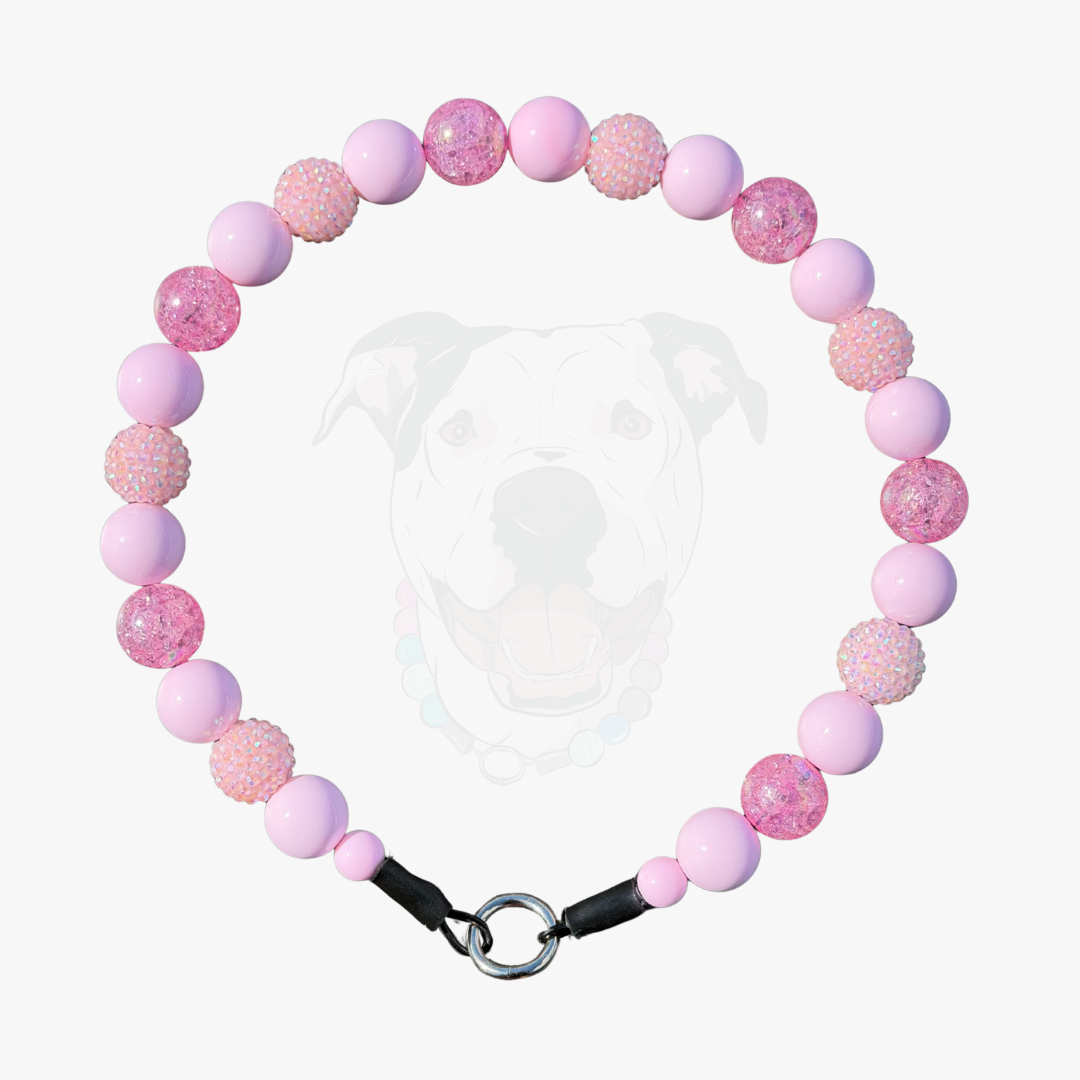 Close up of pale pink crackle and pastel bayberry beads used in the Pink Sugar collar by POPNCO