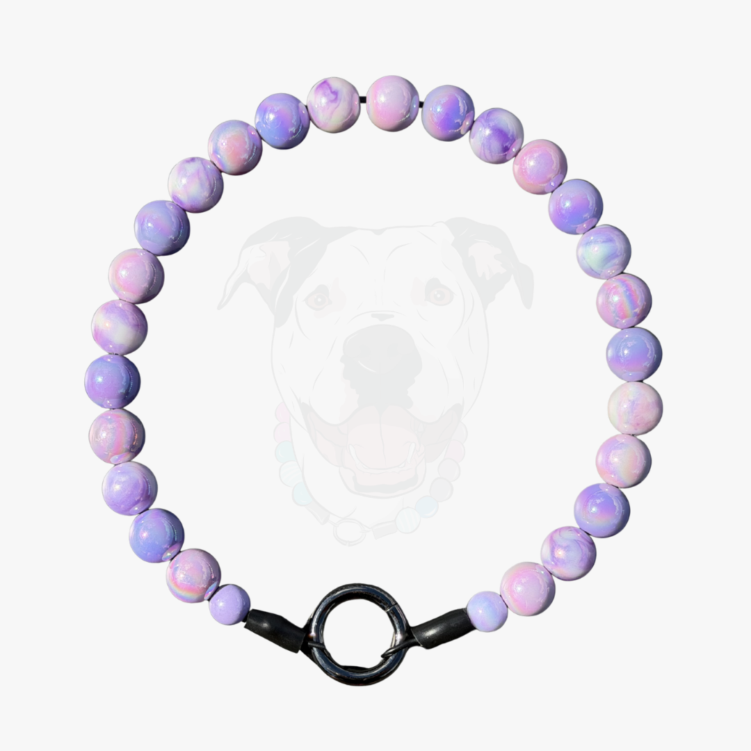 Purple beaded dog collar named zara, featuring AB purple acrylic beads with a black clasp on a white background from POPNCO Beaded pet Collars 