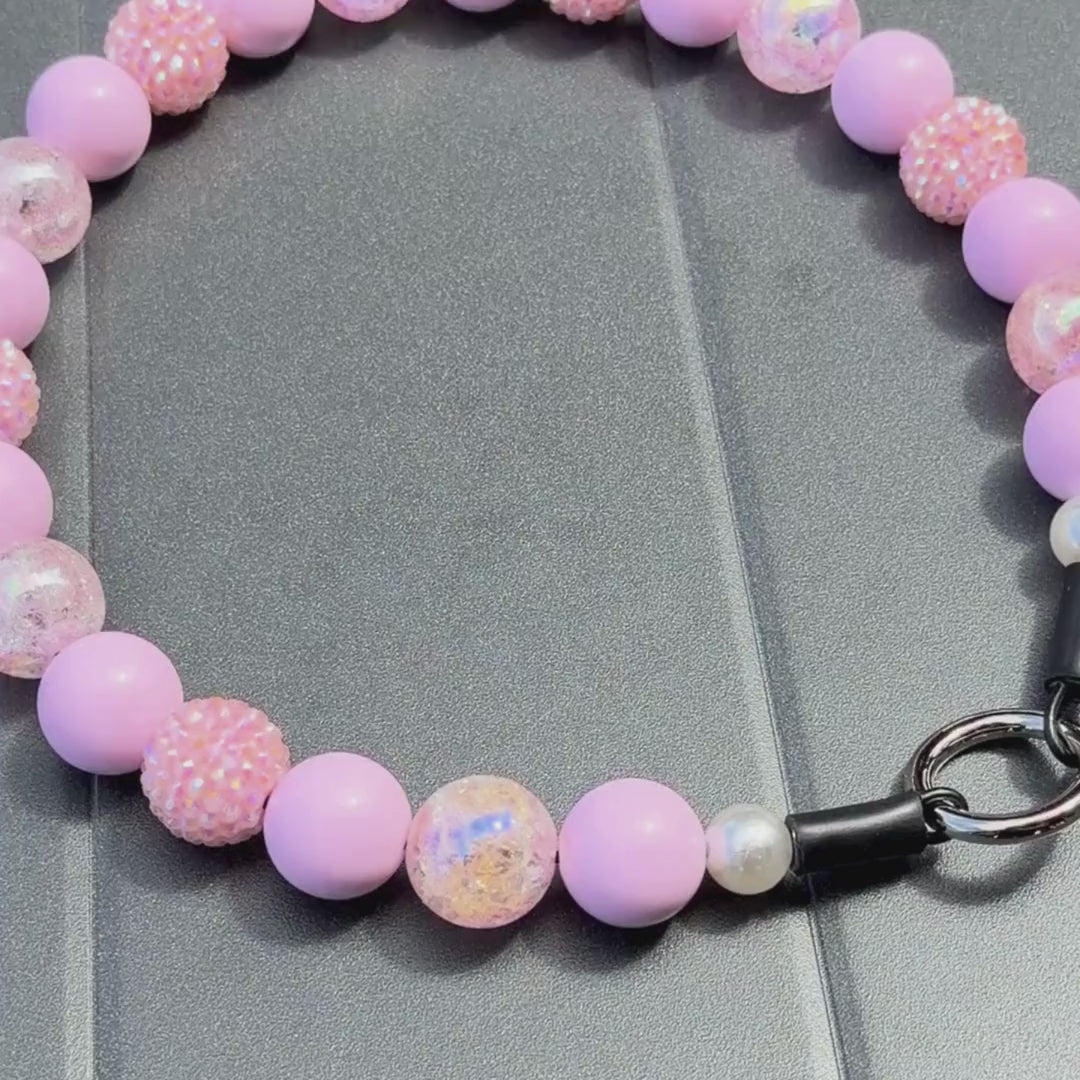Close up of pale pink crackle and pastel bayberry beads used in the Pink Sugar collar by POPNCO